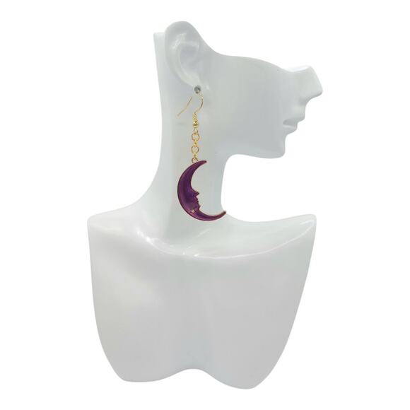 Purple Crescent Moon Face Earrings Celestial Dangle Jewelry Lunar Astrology Boho - Picture 3 of 3